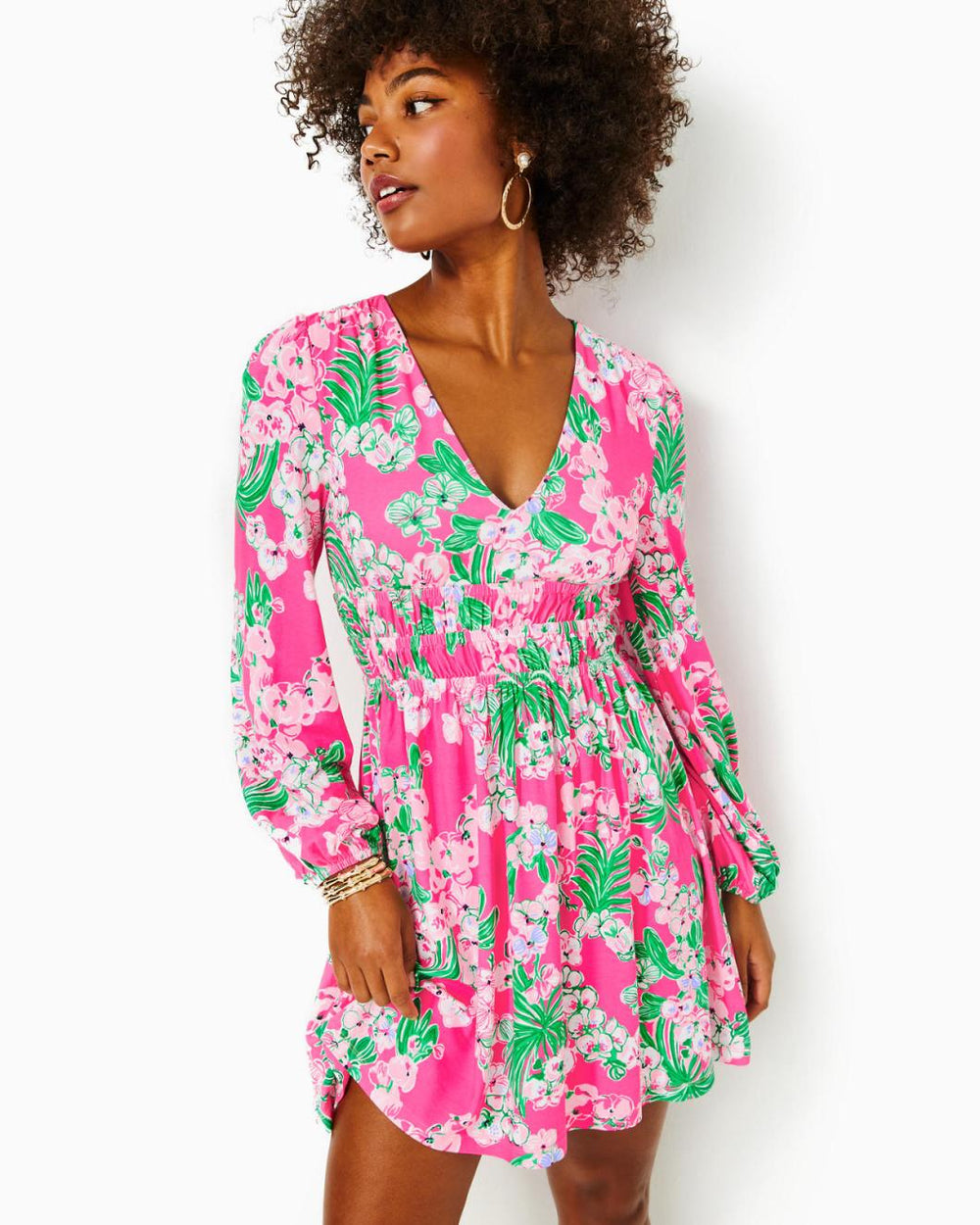 Lilly Pulitzer Calla Long Sleeve V-Neck Dress Roxie Pink Worth A Look | Women Fit & Flare Dresses