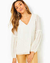 Lilly Pulitzer Cleme Long Sleeve Top Coconut Viscose Metallic Clip Dot | Women Tops