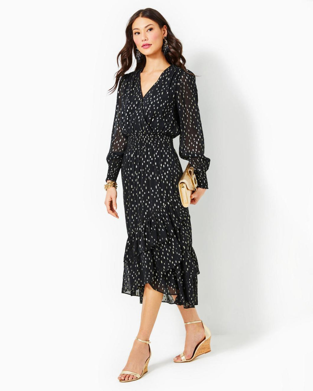 Lilly Pulitzer Cristiana Midi Dress Onyx Viscose Metallic Clip Dobby | Women A-Line/Easy Dresses