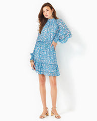 Lilly Pulitzer Ellielynn Long Sleeve Dress Lunar Blue Palm Beach Petals | Women A-Line/Easy Dresses
