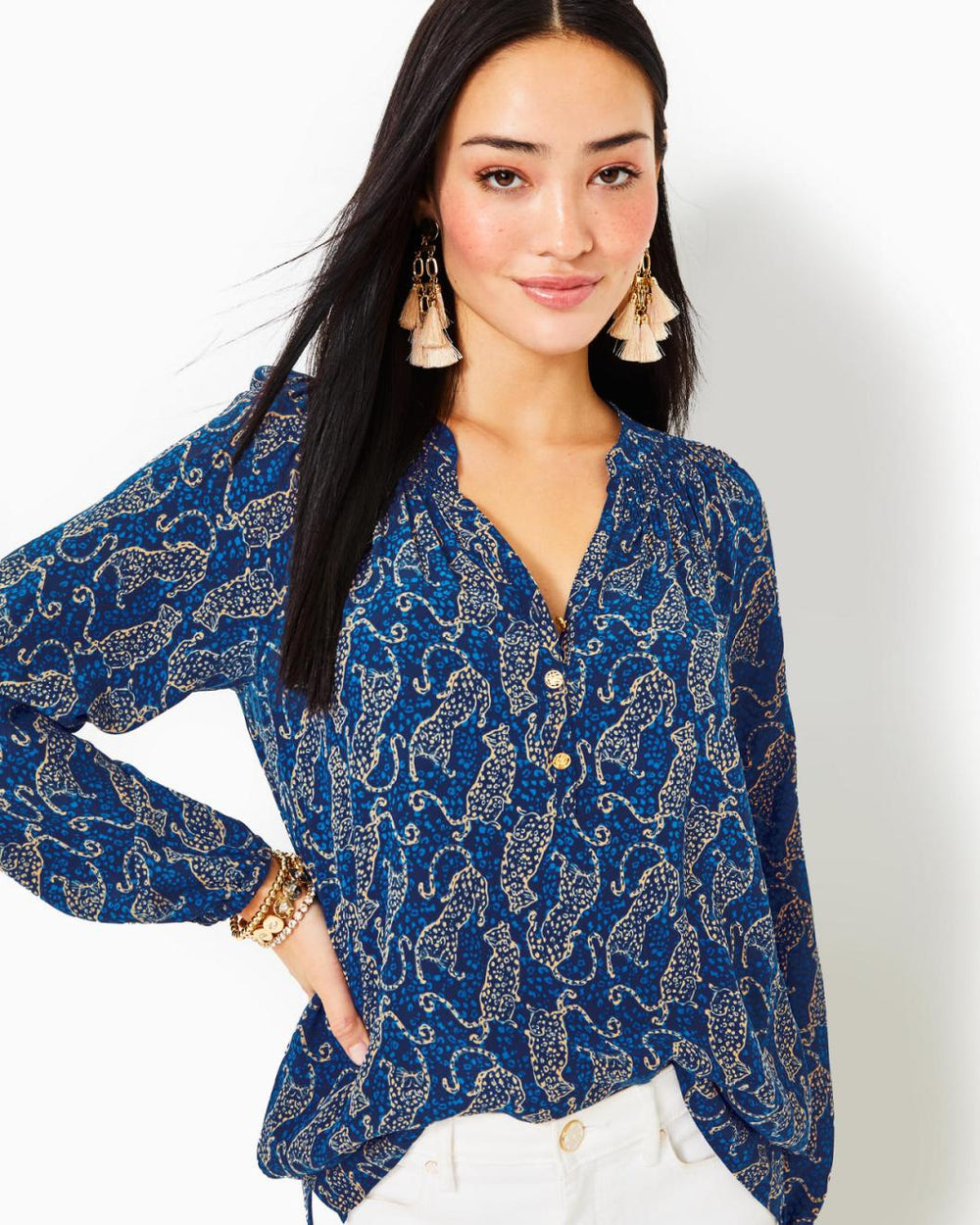 Lilly Pulitzer Elsa Silk Top Low Tide Navy Easy To Spot | Women Tops