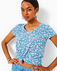 Lilly Pulitzer Etta V-Neck Cotton Top Lunar Blue Palm Beach Petals | Women Tops