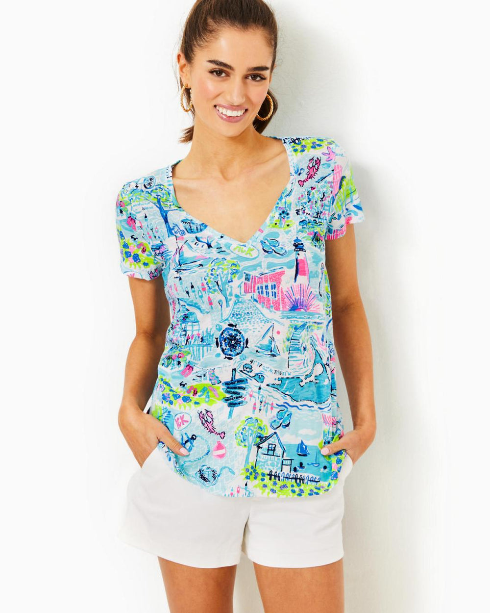 Lilly Pulitzer Etta V-Neck Top Whisper Blue Lilly Loves Nantucket | Women Tops