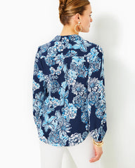 Lilly Pulitzer Farren Silk Top Low Tide Navy Bouquet All Day | Women Tops
