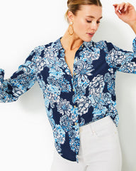 Lilly Pulitzer Farren Silk Top Low Tide Navy Bouquet All Day | Women Tops