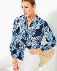 Lilly Pulitzer Farren Silk Top Low Tide Navy Bouquet All Day | Women Tops