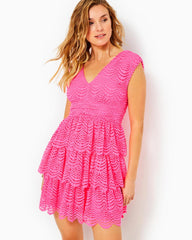 Lilly Pulitzer Faye Lace Ruffle Dress Roxie Pink Scalloped Shell Lace | Women Fit & Flare Dresses