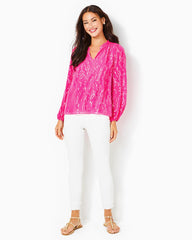 Lilly Pulitzer Giana Silk Top Pink Palms Fish Clip Chiffon | Women Tops