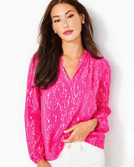 Lilly Pulitzer Giana Silk Top Pink Palms Fish Clip Chiffon | Women Tops