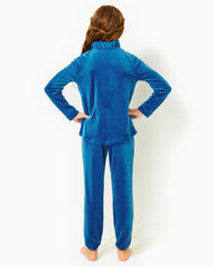 Lilly Pulitzer Girls Little Skipper Ruffle Velour Popover Indigo Breeze | Girl Tops & Bottoms