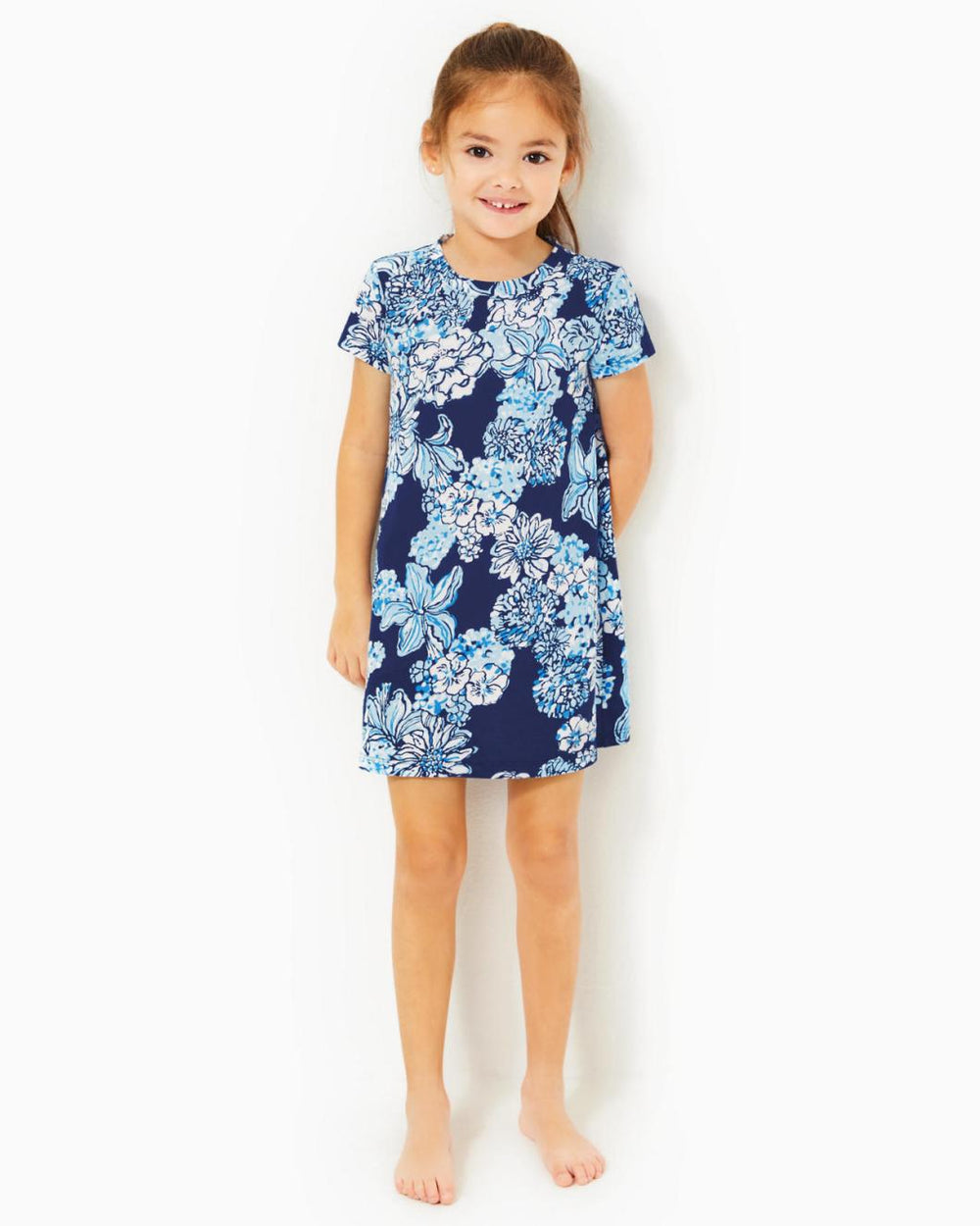 Lilly Pulitzer Girls Mini Cody Cotton Dress Low Tide Navy Bouquet All Day | Girl Dresses & Rompers