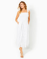 Lilly Pulitzer Hadly Smocked Maxi Dress Resort White Poly Crepe Swirl Clip | Women Sundresses