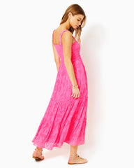 Lilly Pulitzer Hadly Smocked Maxi Dress Roxie Pink Poly Crepe Swirl Clip | Women Fit & Flare Dresses