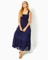 Lilly Pulitzer Hadly Smocked Maxi Dress True Navy Poly Crepe Swirl Clip | Women Fit & Flare Dresses