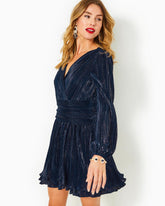 Lilly Pulitzer Jessamie Long Sleeve Dress Low Tide Navy Foil Printed Crinkle Woven | Women Fit & Flare Dresses