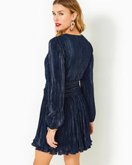 Lilly Pulitzer Jessamie Long Sleeve Dress Low Tide Navy Foil Printed Crinkle Woven | Women Fit & Flare Dresses