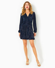 Lilly Pulitzer Jessamie Long Sleeve Dress Low Tide Navy Foil Printed Crinkle Woven | Women Fit & Flare Dresses