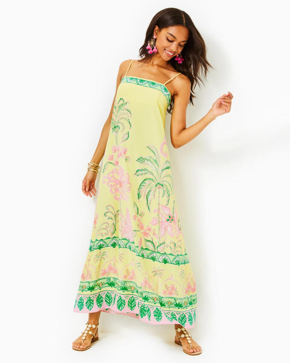 Lilly Pulitzer Jesslyn Silk Maxi Slip Dress Finch Yellow Tropical Oasis Engineered Woven Maxi Dre | Women Swing Dresses