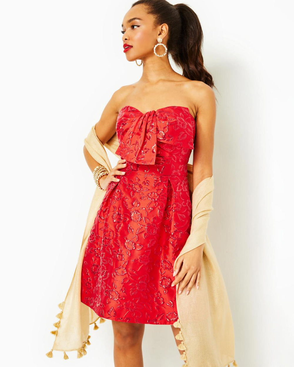 Lilly Pulitzer Kataleya Strapless Jacquard Dress Amaryllis Red Puff Floral Brocade | Women Fit & Flare Dresses