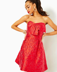 Lilly Pulitzer Kataleya Strapless Jacquard Dress Amaryllis Red Puff Floral Brocade | Women Fit & Flare Dresses