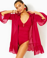 Lilly Pulitzer Linley Collared Cover-Up Poinsettia Red | Women Cover-Ups