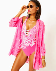 Lilly Pulitzer Natalie Shirtdress Cover-Up Roxie Pink Poly Crepe Swirl Clip | Women Cover-Ups