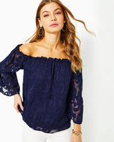 Lilly Pulitzer Nevie Off-The-Shoulder Top True Navy Poly Crepe Swirl Clip | Women Tops