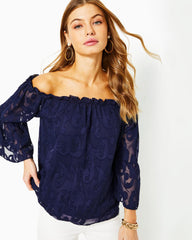 Lilly Pulitzer Nevie Off-The-Shoulder Top True Navy Poly Crepe Swirl Clip | Women Tops