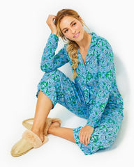 Lilly Pulitzer Pajama Knit Long Sleeve Button-Up Top Bon Bon Blue Leapin Leopards | Women Loungewear