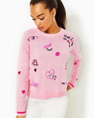 Lilly Pulitzer Pippy Sweater Heathered Peony Pink Valentine Embroidery | Women Tops