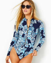 Lilly Pulitzer Randee Rashguard One-Piece Swimsuit Low Tide Navy Bouquet All Day Swim | Women Swimsuits