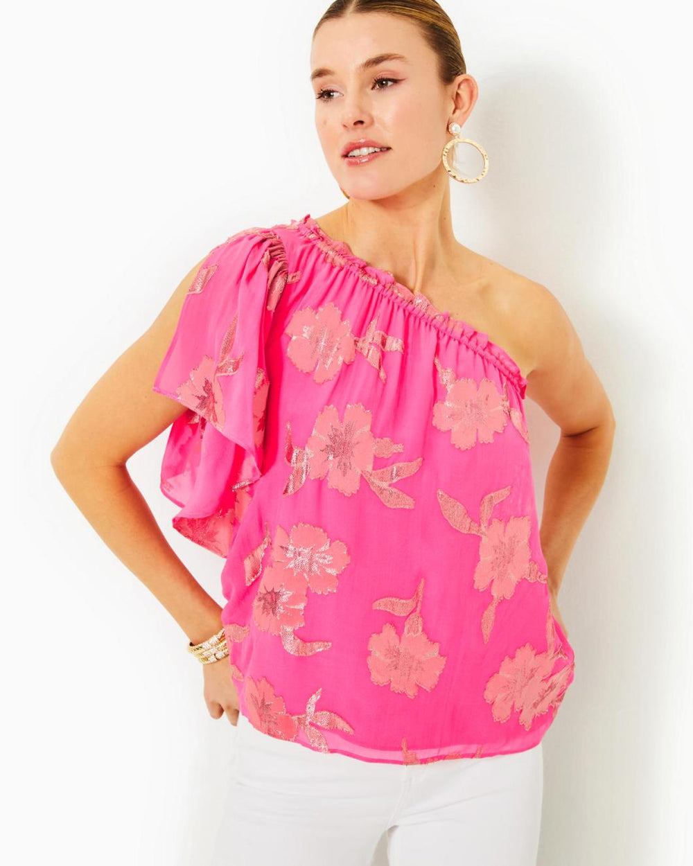 Lilly Pulitzer Saraleigh One-Shoulder Top Roxie Pink Anniversary Silk Clip | Women Tops