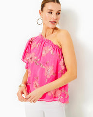Lilly Pulitzer Saraleigh One-Shoulder Top Roxie Pink Anniversary Silk Clip | Women Tops