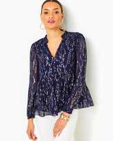 Lilly Pulitzer Sarita Silk Top True Navy Fish Clip Chiffon | Women Tops