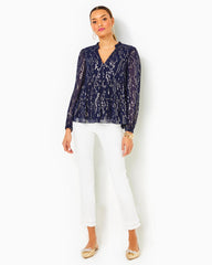 Lilly Pulitzer Sarita Silk Top True Navy Fish Clip Chiffon | Women Tops