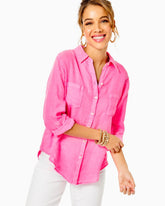 Lilly Pulitzer Sea View Linen Button Down Top Aura Pink | Women Tops