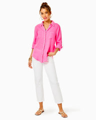 Lilly Pulitzer Sea View Linen Button Down Top Aura Pink | Women Tops