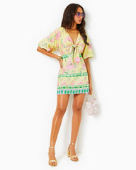 Lilly Pulitzer Soumya Short Sleeve Bow Romper Finch Yellow Tropical Oasis Engineered Romper | Women Rompers & Jumpsuits
