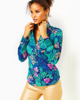 Lilly Pulitzer Upf 50+ Chillylilly Marlena Button Down Top Low Tide Navy Life Of The Party | Women Tops