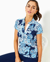 Lilly Pulitzer Upf 50+ Luxletic Frida Polo Top Low Tide Navy Bouquet All Day | Women Tops
