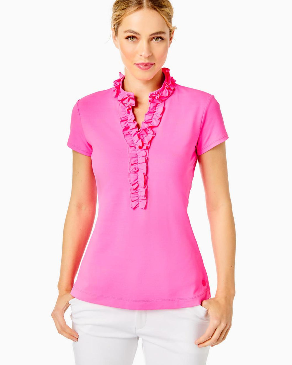 Lilly Pulitzer Upf 50+ Luxletic Frida Ruffle Polo Top Pink Isle | Women Tops