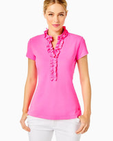 Lilly Pulitzer Upf 50+ Luxletic Frida Ruffle Polo Top Pink Isle | Women Tops