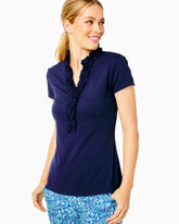 Lilly Pulitzer Upf 50+ Luxletic Frida Ruffle Polo Top True Navy | Women Tops