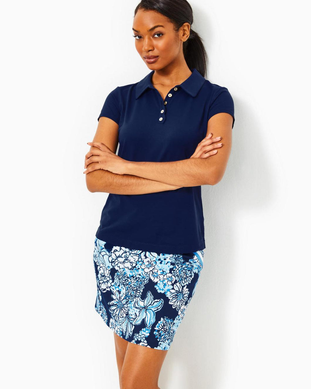 Lilly Pulitzer Upf 50+ Luxletic Frida Scallop Polo Top Low Tide Navy | Women Tops