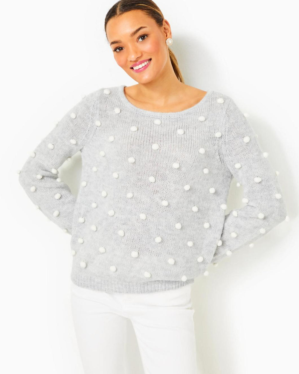 Lilly Pulitzer Vienne Sweater Heathered Lunar Grey Playful Poms | Women Tops