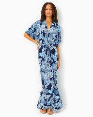 Lilly Pulitzer Wisteria V-Neck Maxi Dress Low Tide Navy Bouquet All Day Engineered Knit Maxi Dre | Women Fit & Flare Dresses