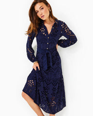 Lilly Pulitzer Zia Eyelet Midi Shirtdress True Navy Soiree Eyelet | Women A-Line/Easy Dresses