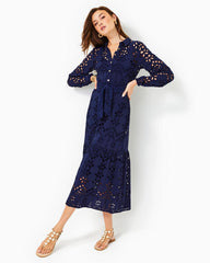 Lilly Pulitzer Zia Eyelet Midi Shirtdress True Navy Soiree Eyelet | Women A-Line/Easy Dresses