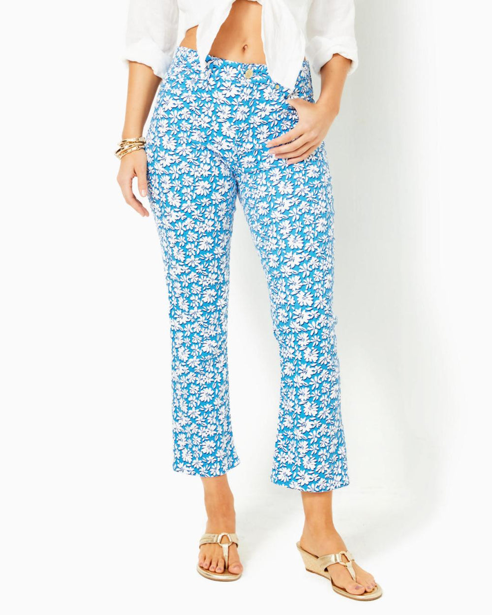 Lilly Pulitzer 27" Annet High Rise Crop Flare Jean Lunar Blue Palm Beach Petals | Women Bottoms