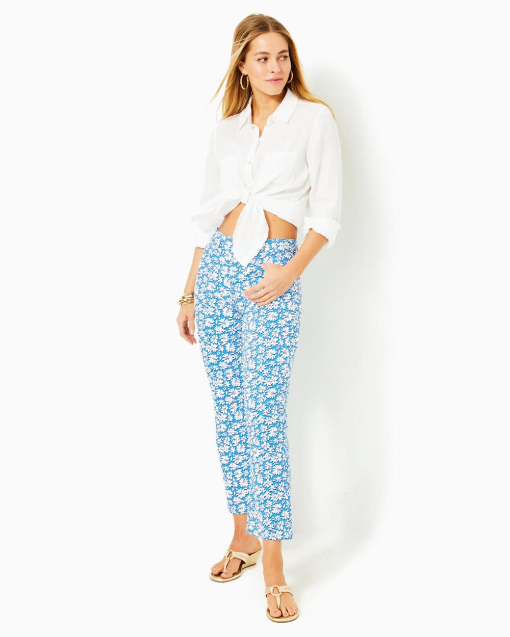 Lilly Pulitzer 27" Annet High Rise Crop Flare Jean Lunar Blue Palm Beach Petals | Women Bottoms